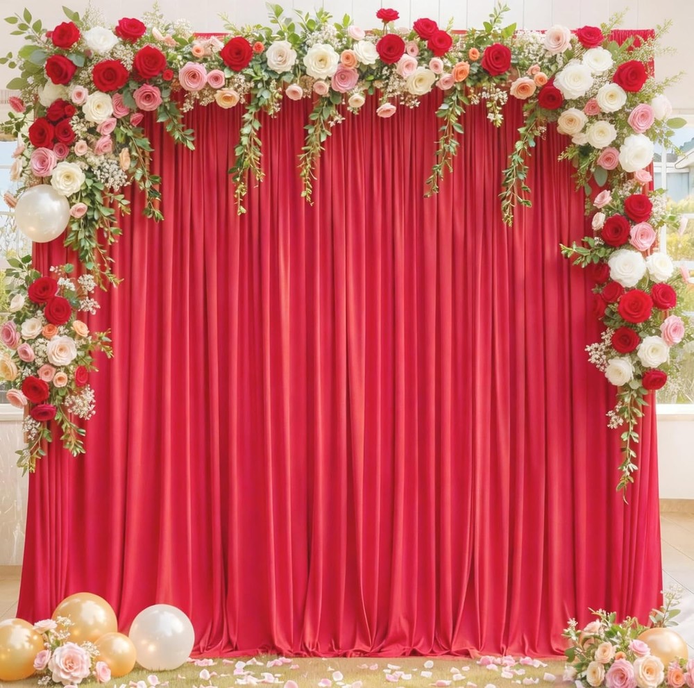 8x10FT Red Backdrop Curtains for Wedding Parties, Wrinkle Polyester Photo