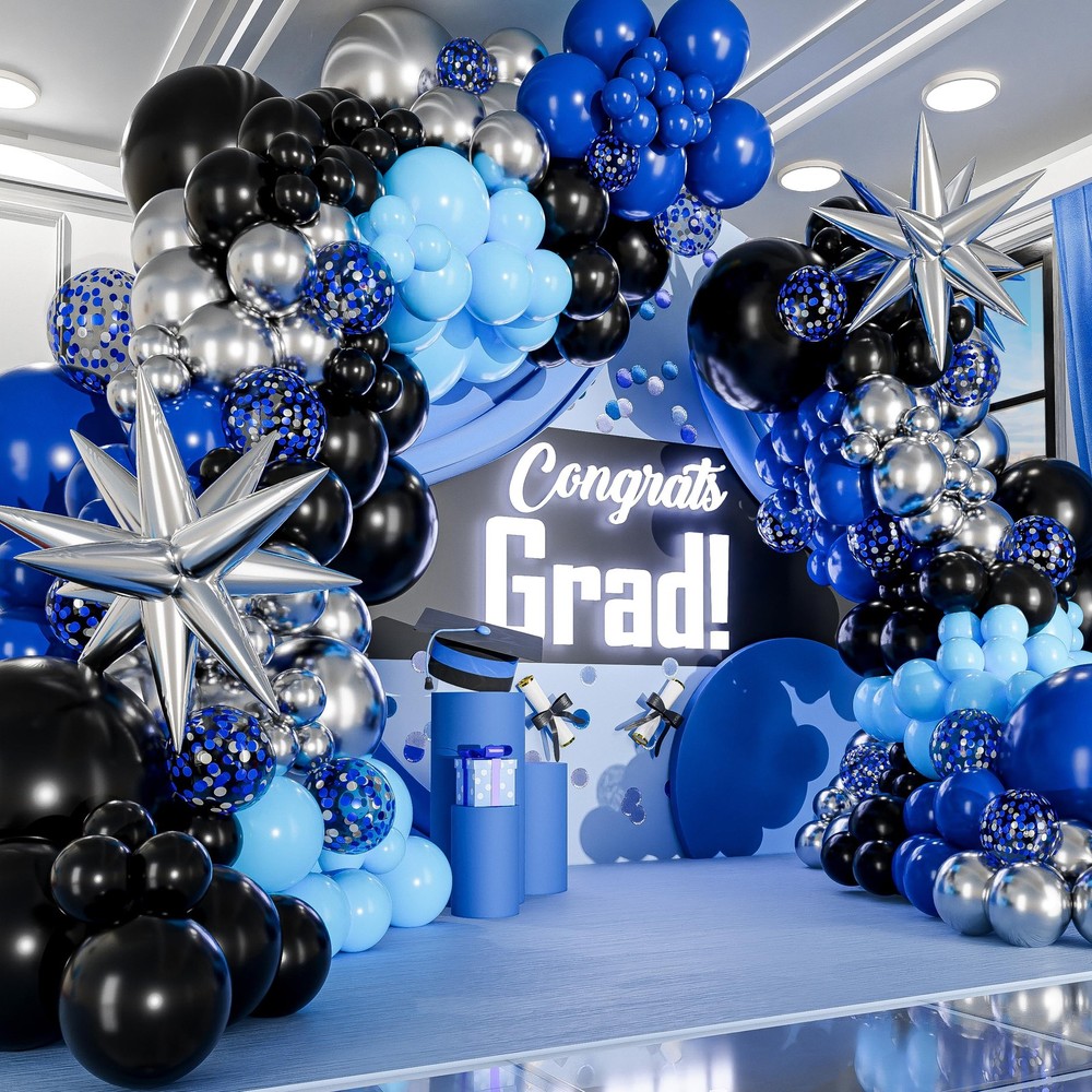 ALL-IN-1 Blue and Black Balloons Arch Kit with BONUS Starbursts – Small & Lar…