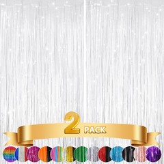 2Pack White Metallic Tinsel Foil Fringe Curtains, White Streamer Backdrop Cur…