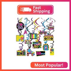 Bessmoso 28PCS 80s Party Decorations – Retro Hanging Swirls & Ceiling Streamers