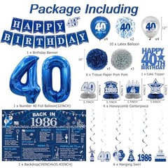 40th Birthday Decorations for Men & Women, Vintage 1986 Banner, Blue & Silver Ba