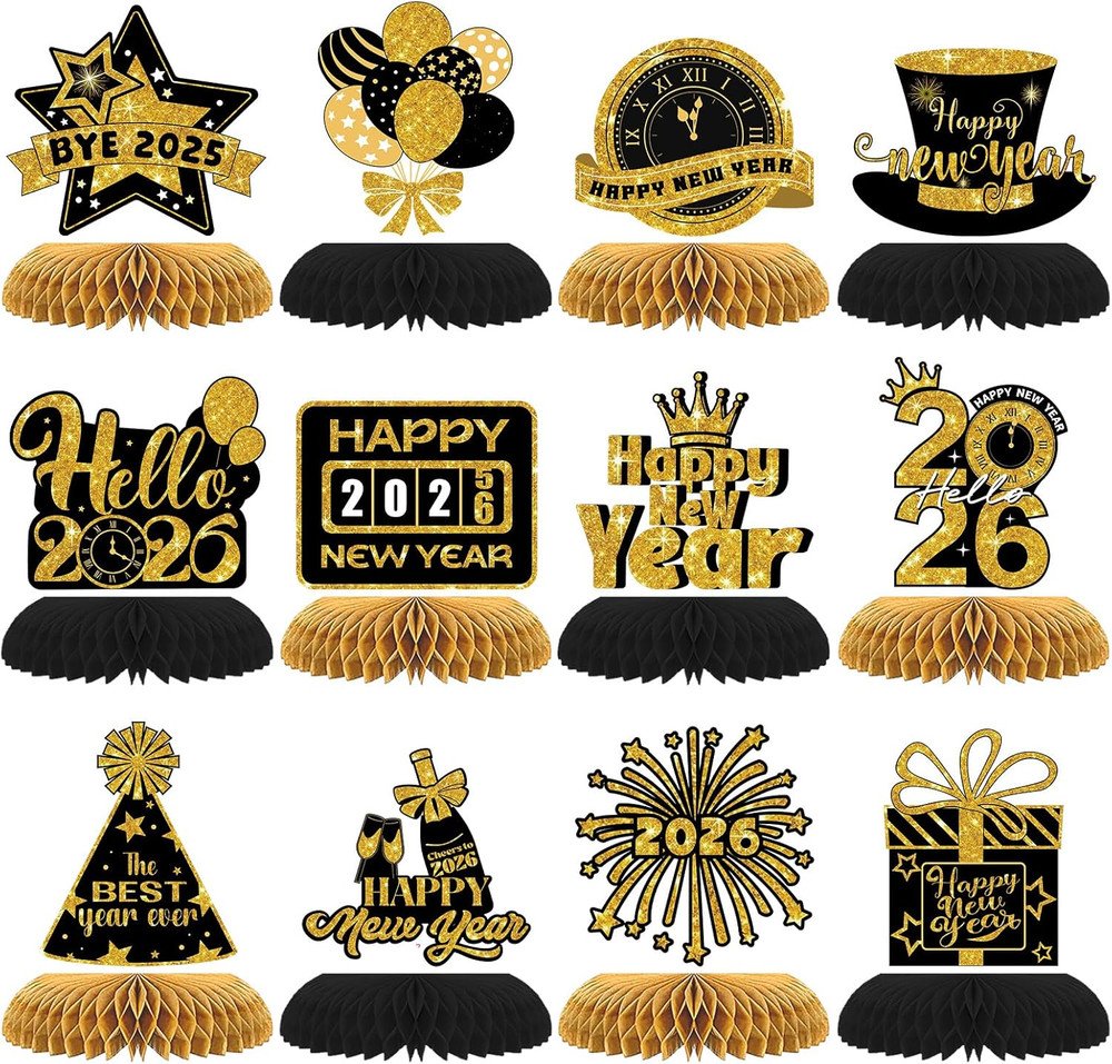 12PCS Happy New Year 2026 Honeycomb Centerpieces – Black Gold NYE Decor