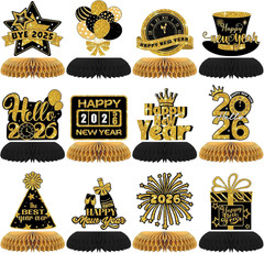 12PCS Happy New Year 2026 Honeycomb Centerpieces – Black Gold NYE Decor