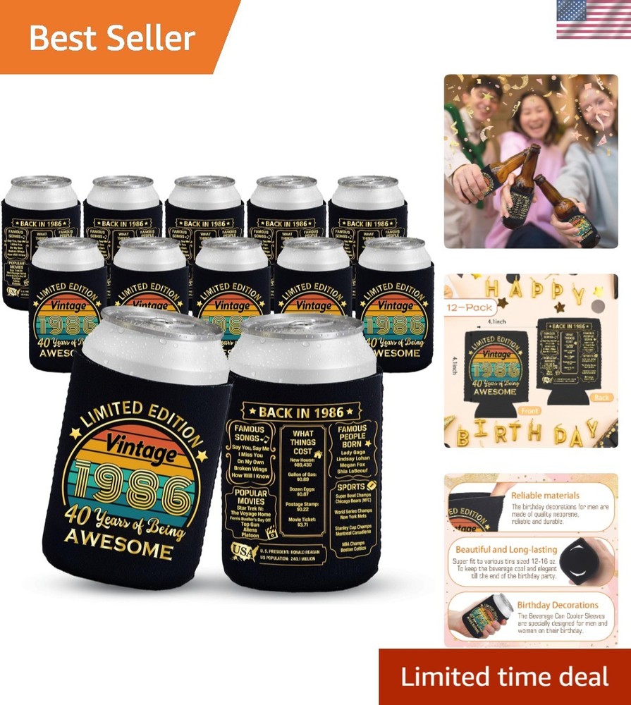 40th Birthday Party Essentials: 12 Can Cooler Sleeves, Black & Gold