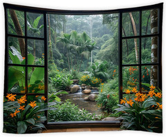 Tropical Rainforest Tapestry Jungle Green Tree Waterfall Pond Garden Nature Land
