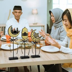 3 Pieces Ramadan Decorations Eid Mubarak Table Decor Wooden Shiny