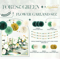 15 PCS Green Tissue Pom Poms & Dots Garland for Parties & Weddings