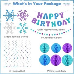 Snowflake Birthday Decorations for Girls, Glitter Happy Birthday Banner Purple