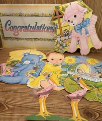Vintage Lot Beistle Baby Shower Decor Paper Cut Outs Yellow Pink Blue Stork Lamb