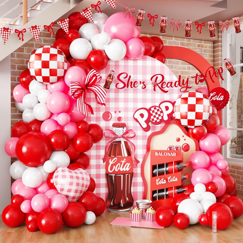 She’s Ready to Pop Balloon Arch Kit, 123Pcs Soda Pop Red Pink Balloon Garland…