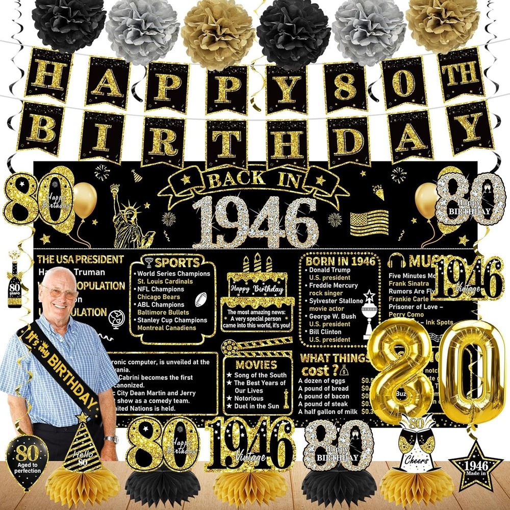 80th Birthday Decorations for Men Women, 21pcs the Year 1946 Banner Balloon Part