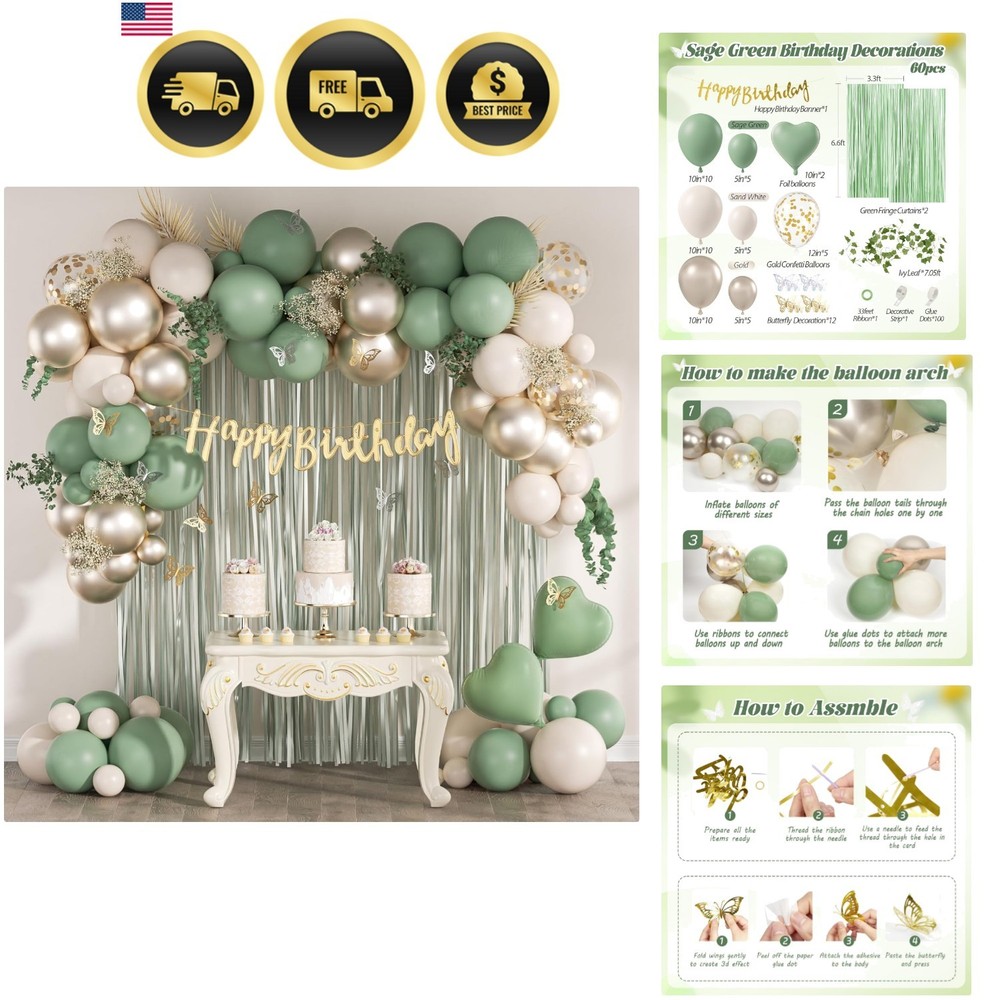 Sage Green Birthday Decorations Set Balloons Banner Fringe Curtain Foil Balloons
