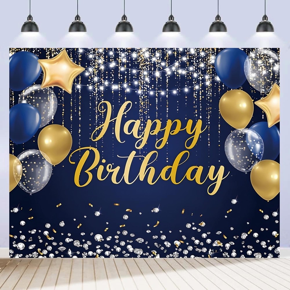 Happy Birthday Backdrop 10x8ft for Men Boys Navy Blue and Gold Happy Birthday…