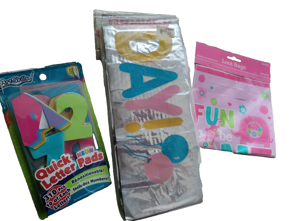 36 Multi-Colored Neon Letter & Number Pads, 8 Loot Bags, Birthday Banner Bundle
