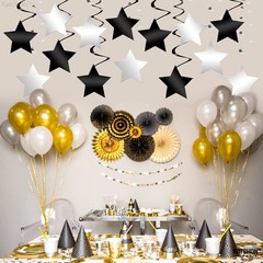 Black and Silver Star Hanging Swirls – Pack of 32 , No DIY | Silver Party Decora