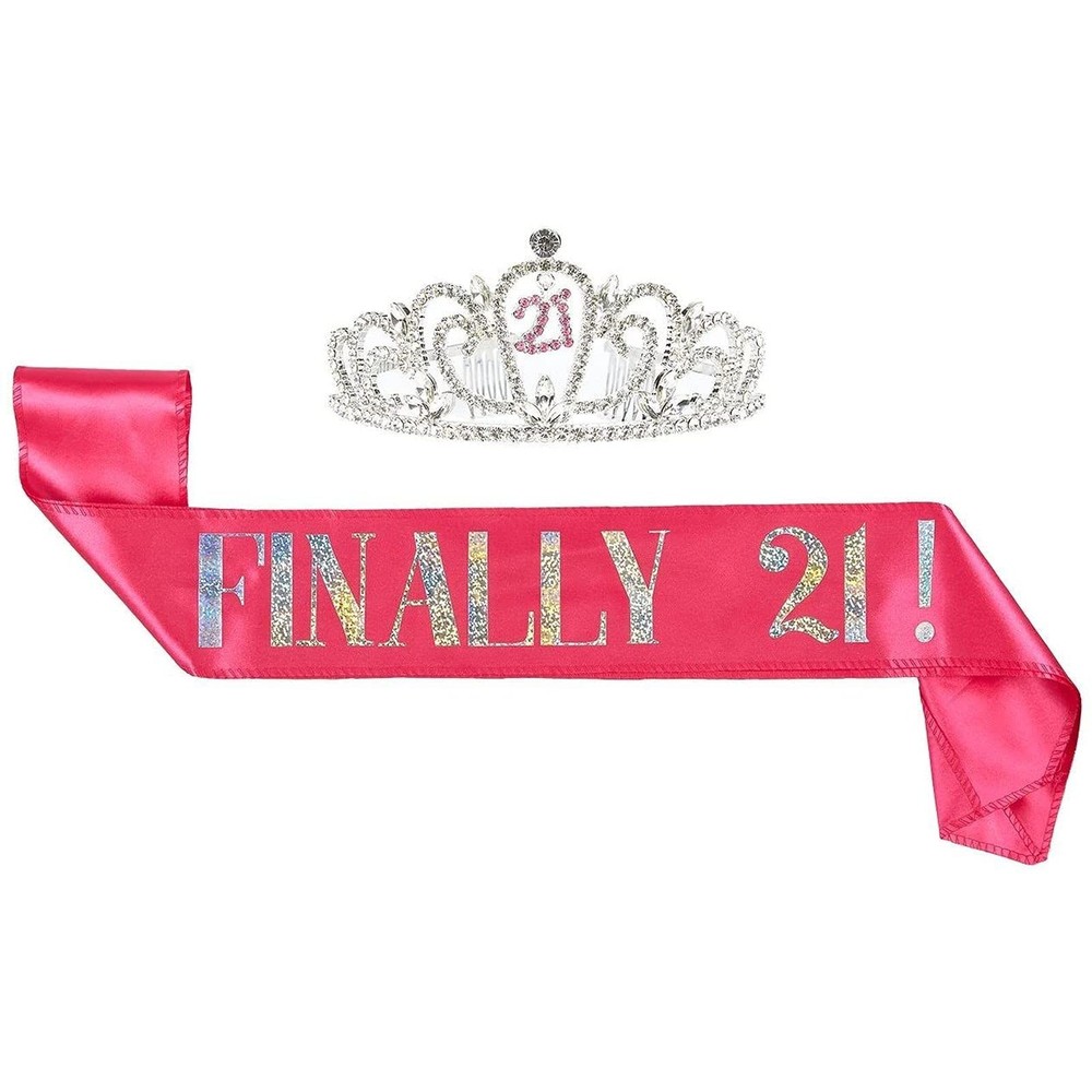 Juvale 21st Birthday Sash & 61 x 4 inches (Sash), One Size (Tiara), Pink
