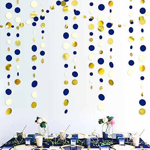 46 Ft Navy Blue and Gold Circle Dots Garland Royal Blue Hanging Paper Polka D…