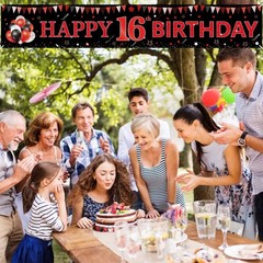 Red Black 16th Birthday Banner Decorations for 118 x 20 inches,