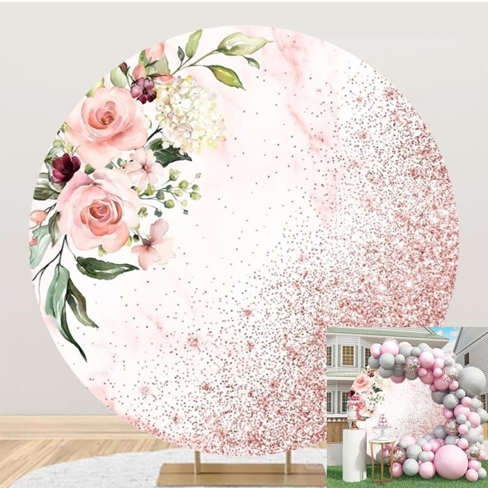 6.5×6.5ft Pink Rose Gold Round Backdrop Cover Blush Pink Floral Rose Gold…