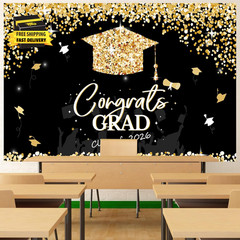 Graduation Decorations 2026 – Black and Gold Graduation Backdrop and Congrats Gr