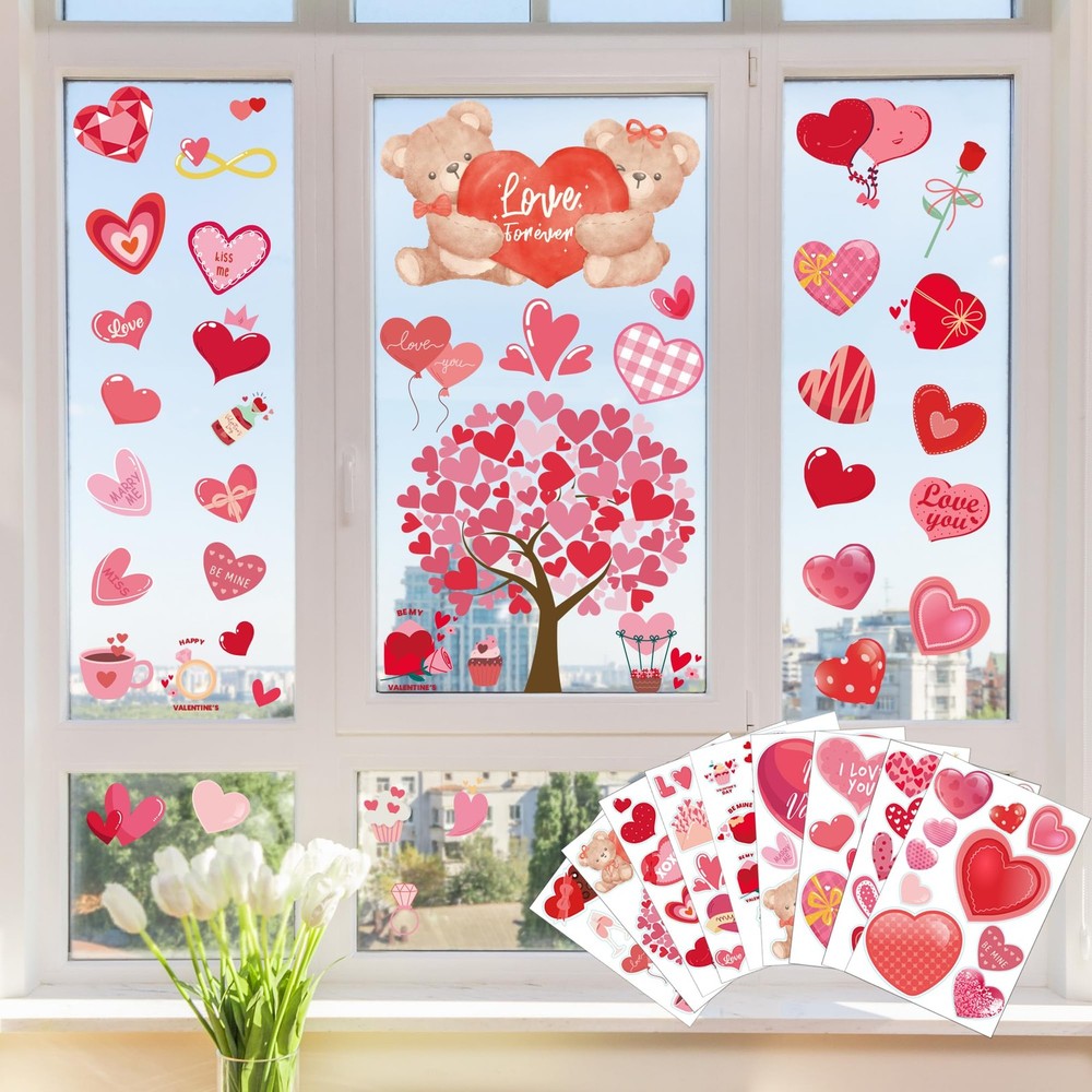 Valentines Day Decorations – Heart Window Clings for Glass | Red