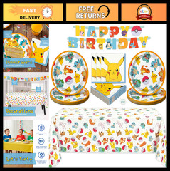 Pokemon Birthday Party Supplies for 16 – Tablecloth, Plates, Napkins & Stickers