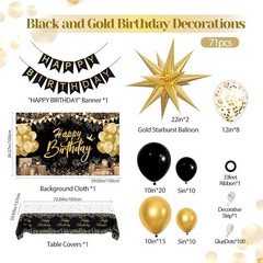 Black and Gold Birthday Decorations for Men Women, 71pcs Black and Gold Party De