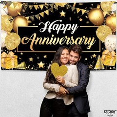 KatchOn, Happy Anniversary Banner Black and Gold – XtraLarge,