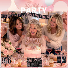Rose Gold 50Th Birthday Decorations for Women – 63Pcs Happy 50Th Birthday Banner