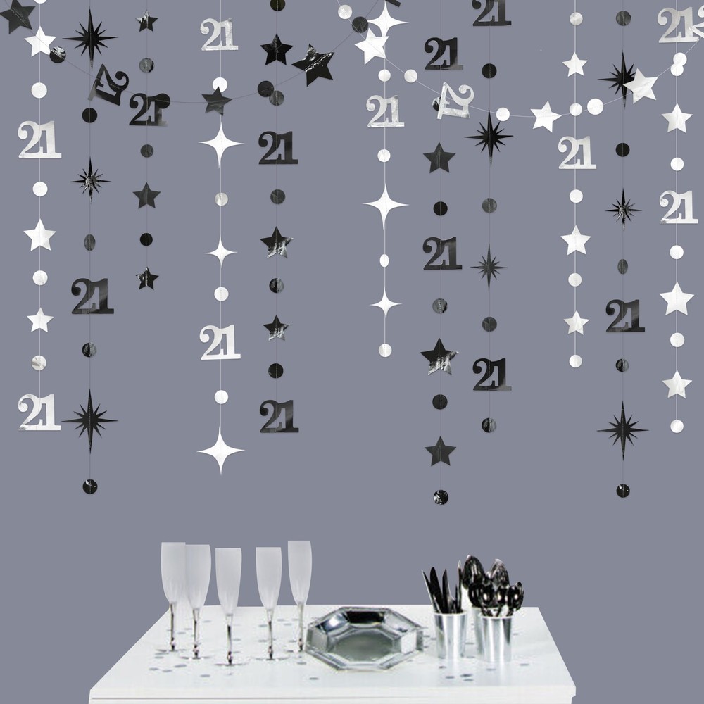 Silver Black 21st Decorations Number 21 Circle Dot Twinkle Star Garland Metal…