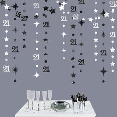 Silver Black 21st Decorations Number 21 Circle Dot Twinkle Star Garland Metal…