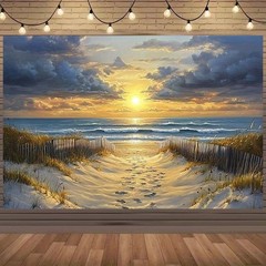 1pc Beach Sunset Scene Backdrop Banner -Wooden Fence & Sandy Path Coastal Decor☋