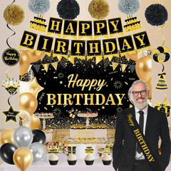 Black Gold Birthday Decorations Set | Happy Birthday Banner & Sash, Balloons Pom