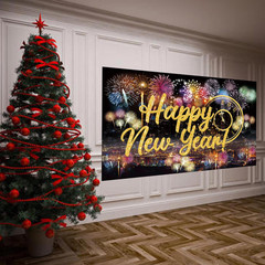 Happy New Year Fabric Sign Poster Backdrop with Fireworks for New Year Photo Boo