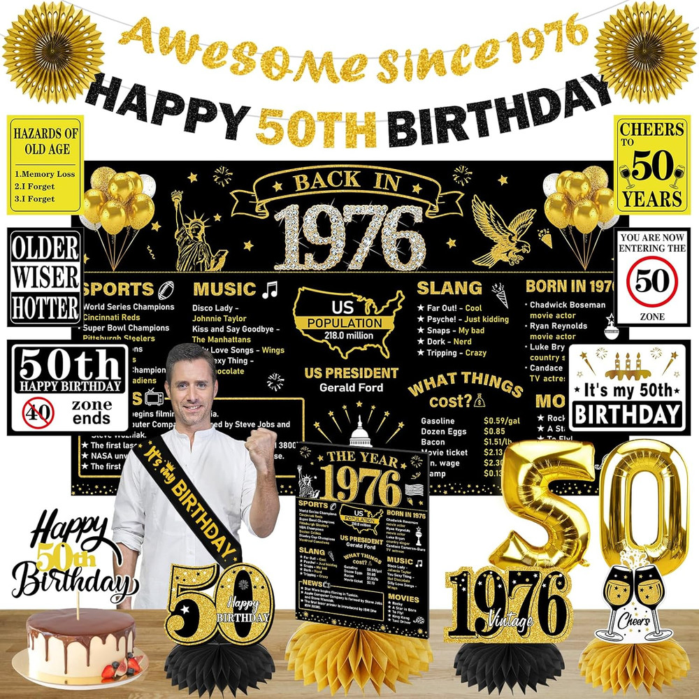 1976 50Th Birthday Decorations for Men Women, Black Gold Happy 50 Years Old Birt