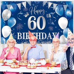 60th Birthday Banner Backdrop Happy 60th Birthday Decorations Blue Silver 60