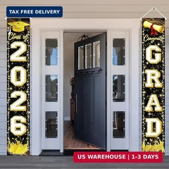 Fecedy Black Gold Graduation Decorations Class of 2026 Congrats GRAD Porch Sign