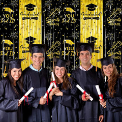 Thicken Black and Gold Graduation Tinsel Backdrop, 2 Pack 3.3 X 6.6 FT, Foil Fri
