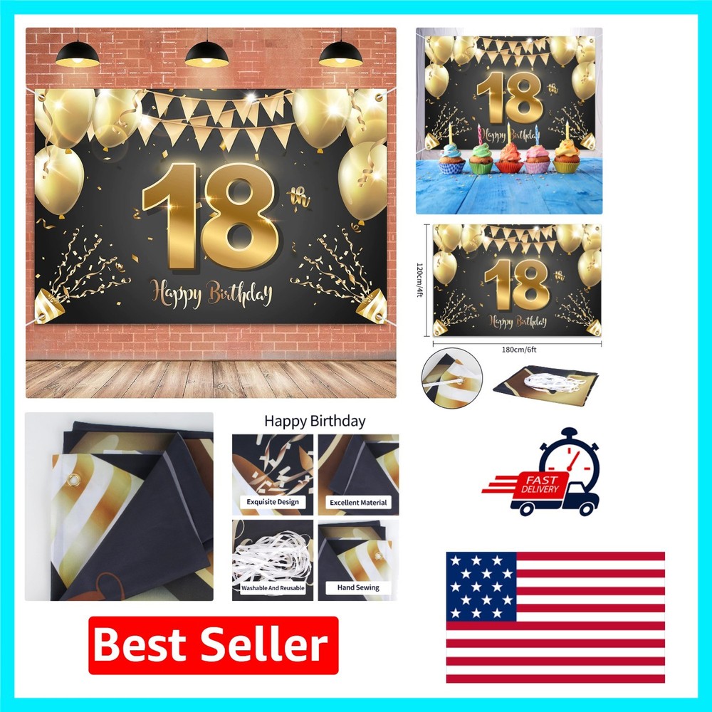 Elegant 6x4ft Black Gold 18th Birthday Banner – Perfect for Indoor & Outdoor