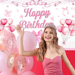 Coquette Birthday Decorations 71 X43 Inches Pink Bow Happy Birthday Backdrop Pho
