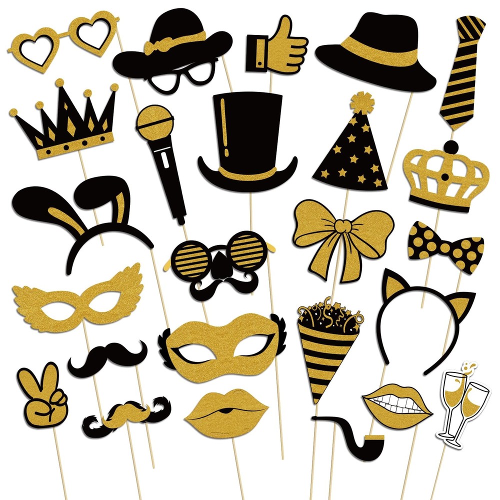 Photo Booth Props, Kaluofan 25PCS Black and Gold Party Decorations, Universal