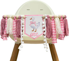 Silly Goose ONE High Chair Banner Pink Gingham Yarn Tassel Garland for One Silly