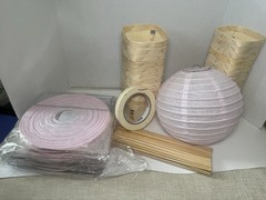 Pink Beige Paper Party Lanterns with Wooden Baskets Set, Solid Plain Decoration