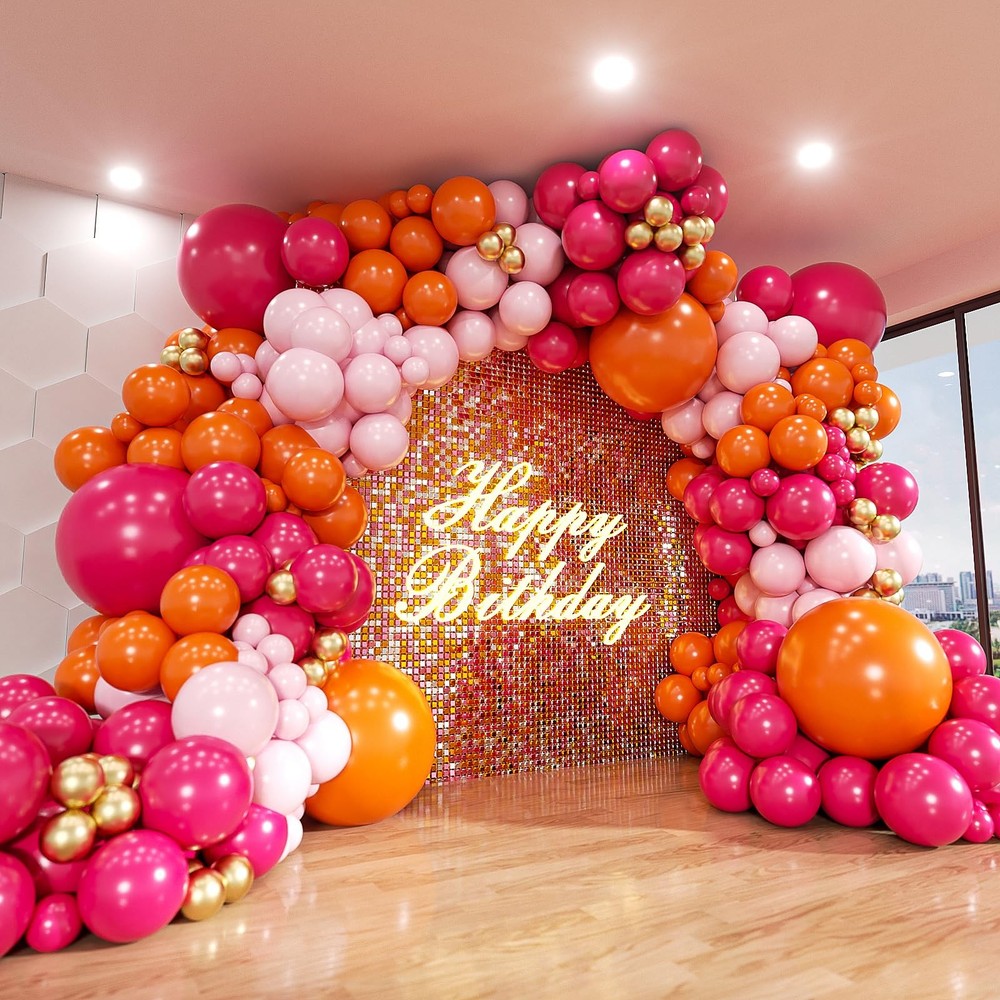 Pink and Orange Balloon Arch Kit, 161Pcs Hot Pink Orange Metallic Gold Latex …