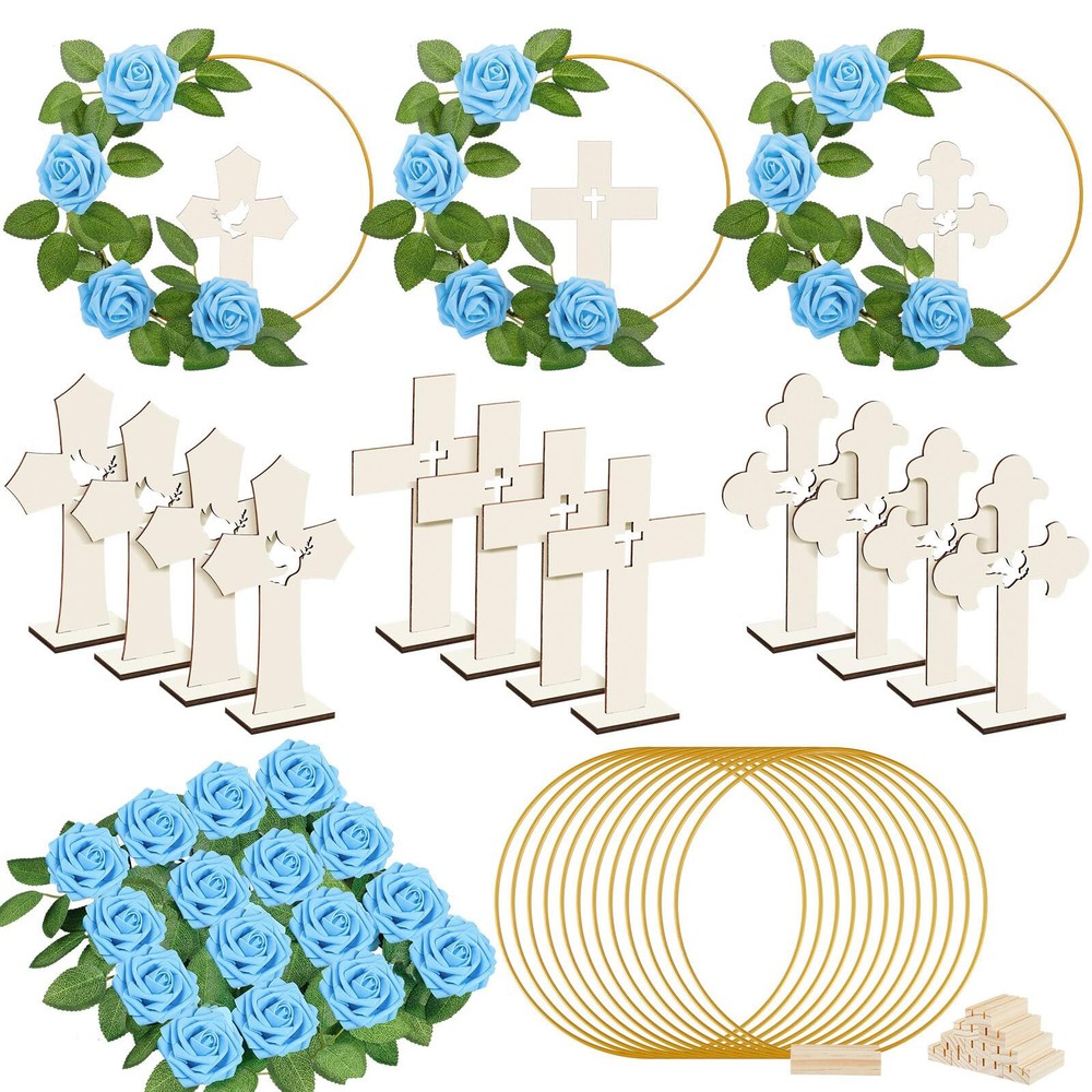 48 Pcs Baptism Centerpiece Decoration For Table 12 Wood Cross 12 Metal Floral Ho