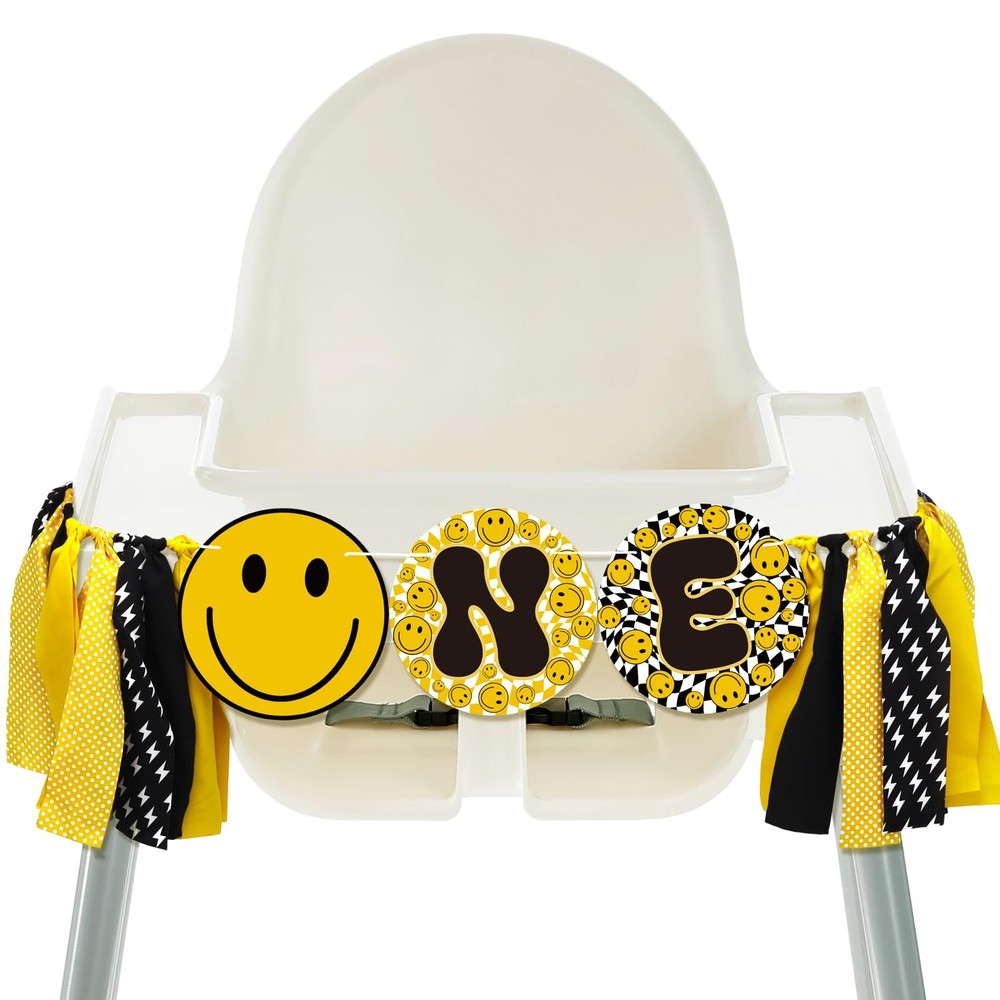 One Happy Dude High Chair Banner Lightning Smile Face First Birthday Banner G…