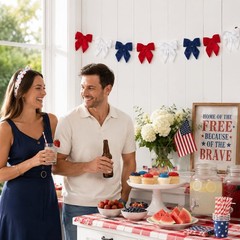 Independence Day Decorations – 6.5 Ft Red White Blue Velvet Bow Garland – Pat…