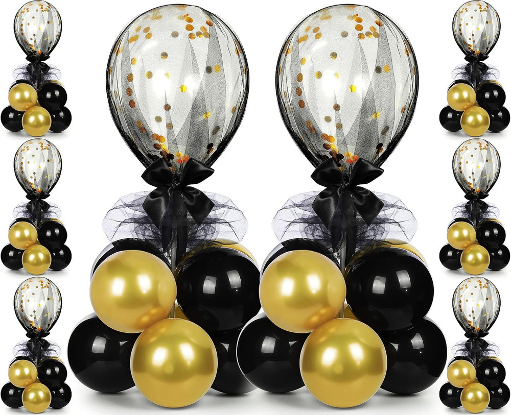 8 Set Gold Black Table Centerpieces Balloons Stand Kit, Latex Balloons and Table