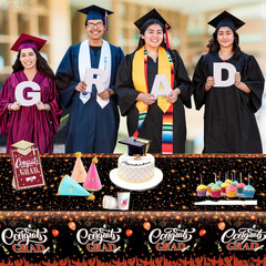 Graduation Decorations 2026 | Orange and Black Graduation Tablecloth -Pack of 3,