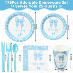175 Pcs Baby Boy Shower Decorations Plates Set for 25 Guest Blue It’S